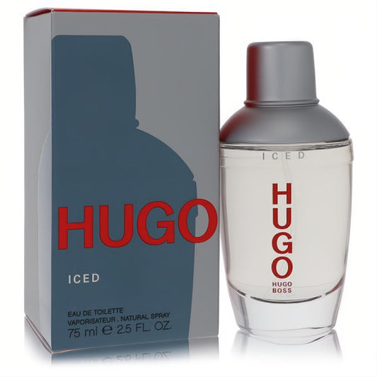 Hugo Iced by Hugo Boss 2.5 oz EDT for men. Sleek clear glass bottle with silver cap and striking red HUGO logo.