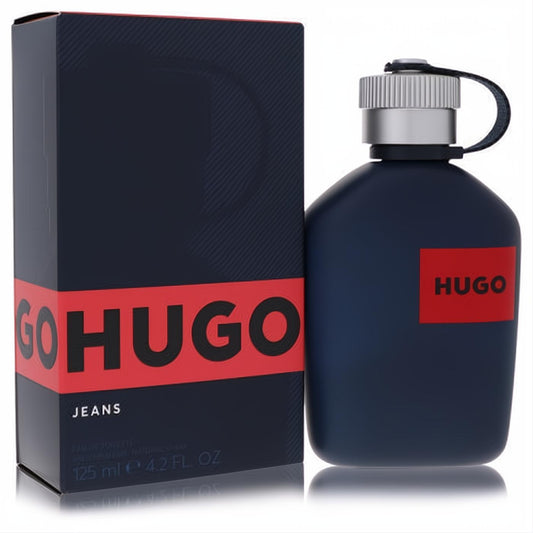 Experience Hugo Jeans by Hugo Boss: a 4.2 oz EDT spray in a sleek matte blue bottle with a bold red logo and matching textured packaging.