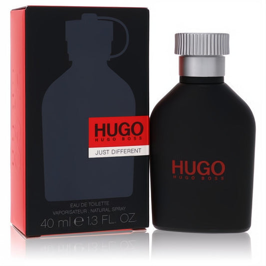 Hugo Just Different by Hugo Boss 1.3 oz EDT spray. Bold black bottle with silver cap, showcased with its striking red and black box.