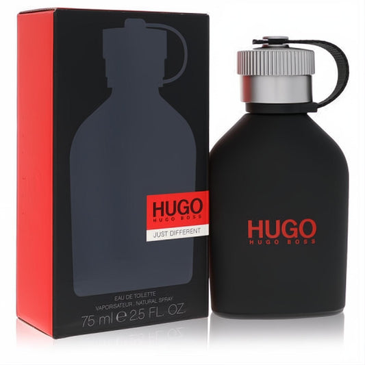 Hugo Just Different 2.5 oz men's EDT spray. Sleek matte black bottle with silver cap, bold red logo, beside its striking red and black box.