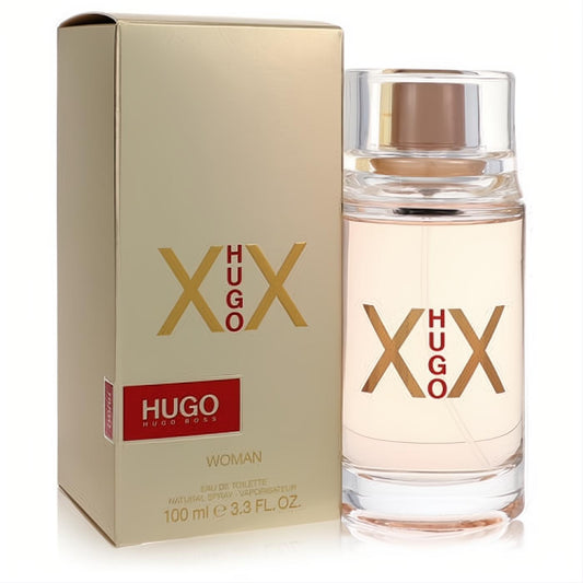 Hugo XX by Hugo Boss women's 3.3 oz EDT. Clear bottle with rose gold cap, iconic XX logo, and elegant gold box.