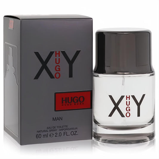 Elevate your scent with Hugo XY by Hugo Boss 2 oz EDT. Sleek clear glass bottle and dark grey box with bold red and black branding.