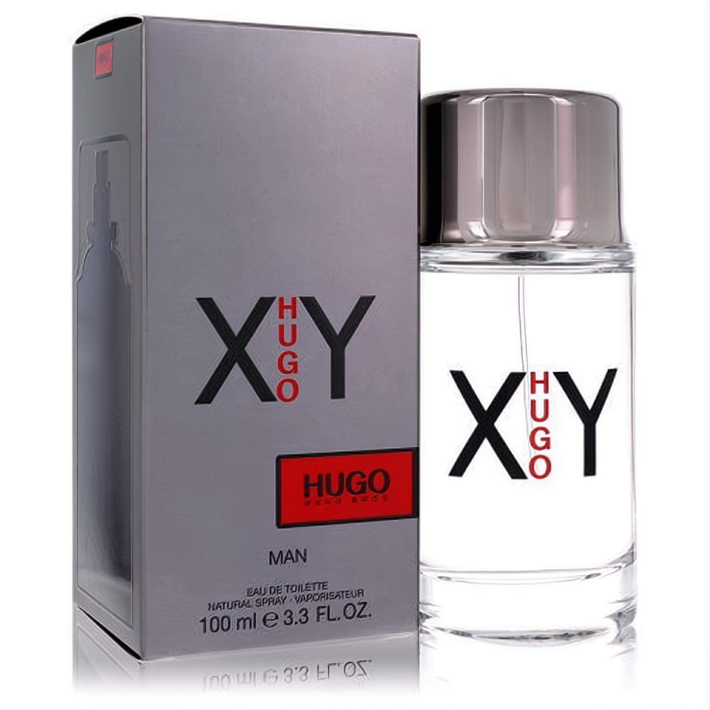 Sophisticated Hugo XY by Hugo Boss 100ml Eau De Toilette for men. Clear glass spray bottle with sleek silver cap, next to its modern gray box.