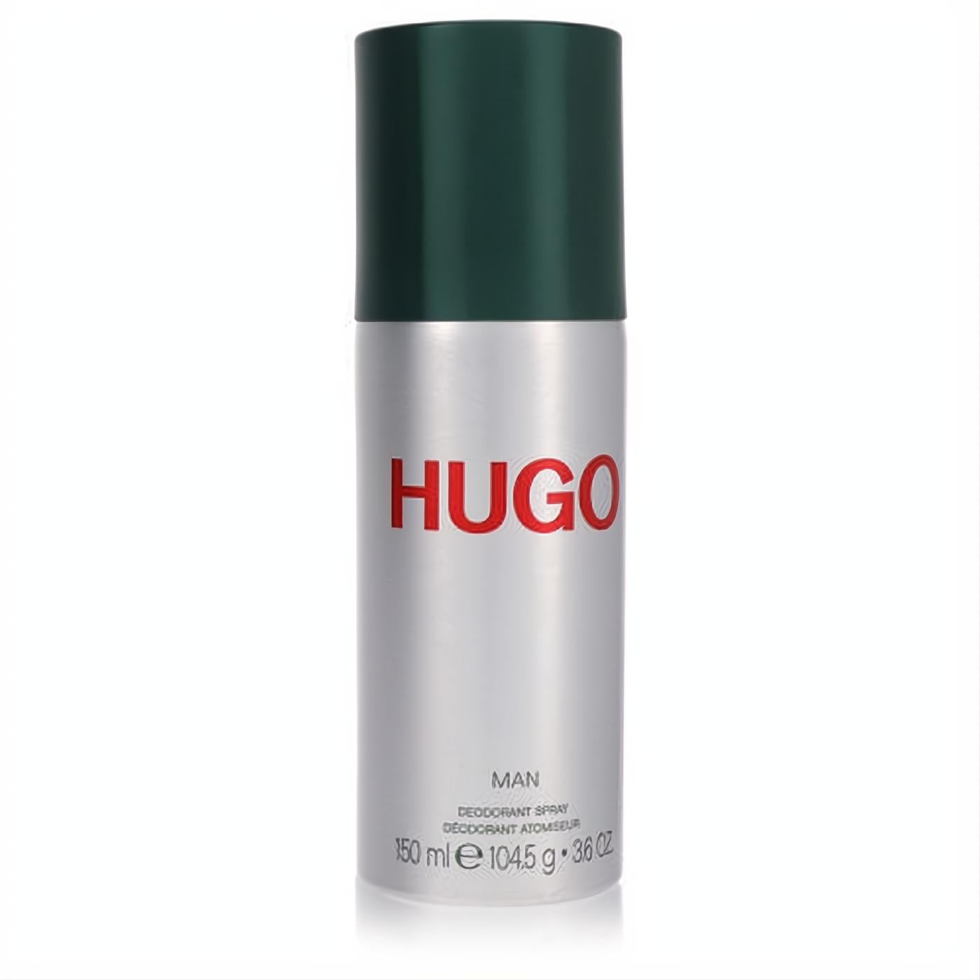 Elevate your scent with Hugo Boss Man 150ml deodorant spray. Sleek silver can, bold red HUGO logo, dark green cap.