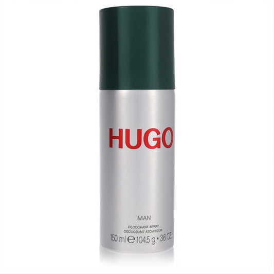 Elevate your scent with Hugo Boss Man 150ml deodorant spray. Sleek silver can, bold red HUGO logo, dark green cap.
