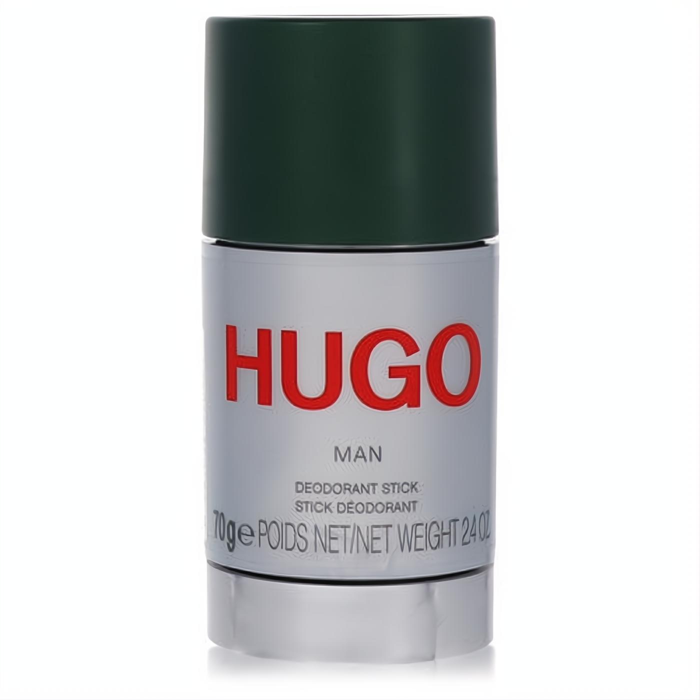 Hugo Boss Man 2.5 oz deodorant stick. Sleek silver body, bold red HUGO logo, and dark green cap for lasting freshness.