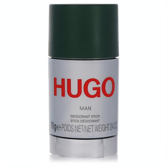 Hugo Boss Man 2.5 oz deodorant stick. Sleek silver body, bold red HUGO logo, and dark green cap for lasting freshness.