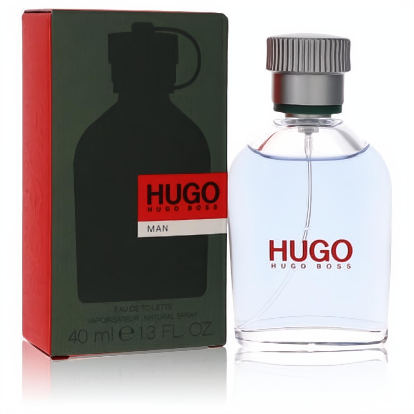 Hugo Boss Man 1.3 oz Eau De Toilette spray. Modern clear bottle with light blue fragrance, silver cap, and iconic olive green box.