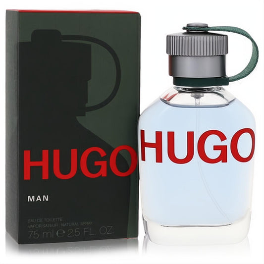 Hugo by Hugo Boss 2.5 oz EDT spray. Modern clear bottle with refreshing light blue fragrance, bold red HUGO logo, and a sleek dark green box.