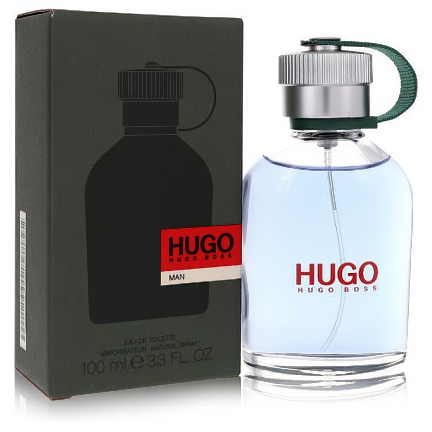 Hugo by Hugo Boss 3.4 oz EDT for men. Clear glass bottle with blue fragrance, sleek silver cap, green loop, and dark grey branded box.