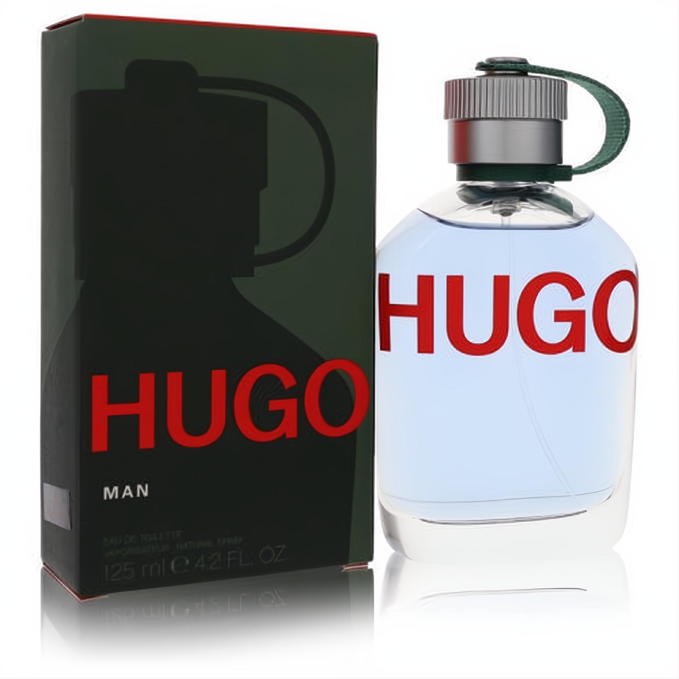 Hugo Boss Man 4.2 oz EDT spray. Iconic clear bottle with light blue liquid, bold red "HUGO" text, and sleek dark green box.