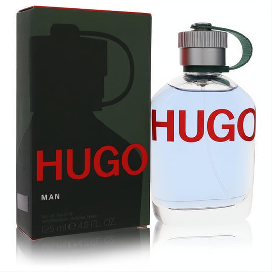 Hugo Boss Man 4.2 oz EDT spray. Iconic clear bottle with light blue liquid, bold red "HUGO" text, and sleek dark green box.