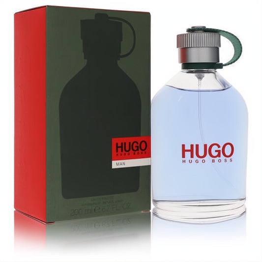 Hugo Boss Man 6.7 oz EDT spray. Clear glass bottle with refreshing blue fragrance, silver cap, and iconic green loop.