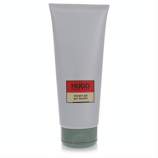 Hugo by Hugo Boss men's shower gel. Sleek grey squeeze tube with a bold red HUGO label and refreshing green flip-top cap.