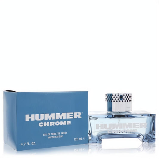 Hummer Chrome 4.2 oz men's EDT. Sleek clear bottle, silver textured cap, and vibrant blue box for a cool, invigorating scent.