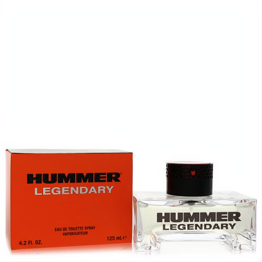 Hummer Legendary 4.2 oz men's cologne. Sleek clear glass bottle with bold black text, black cap, and orange box.