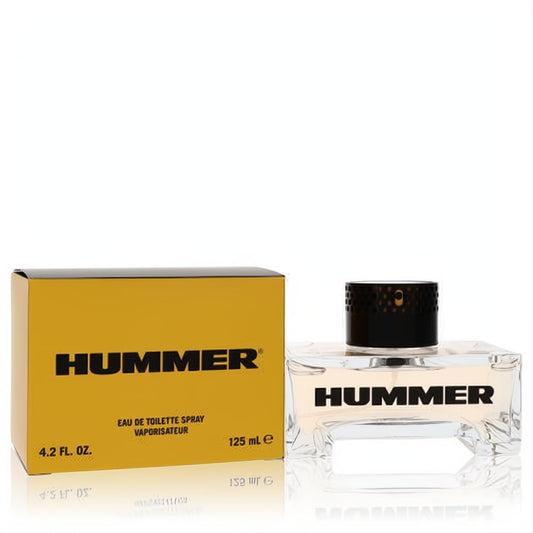 Hummer men's 4.2 oz EDT spray. Clear glass bottle with black cap, displayed with its iconic gold box.