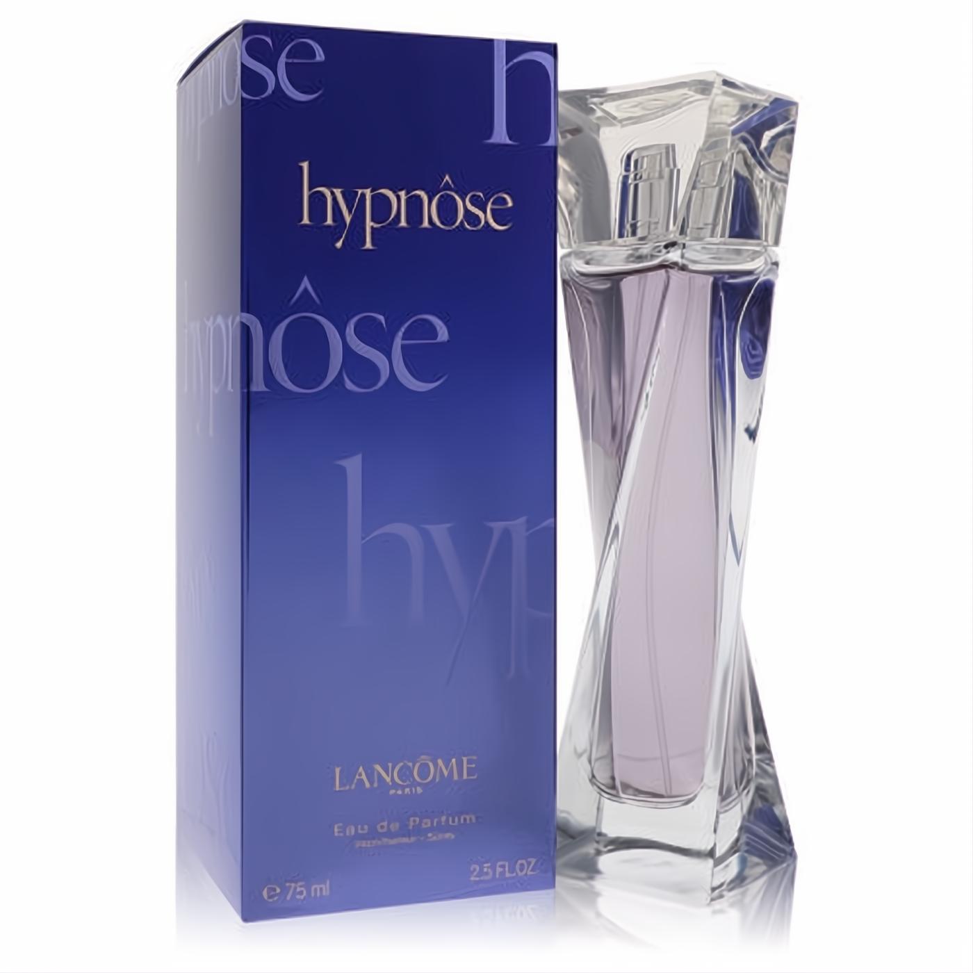 Lancome Hypnose 2.5 oz EDP: elegant twisted clear glass bottle with lavender liquid, next to its luxurious deep blue box.