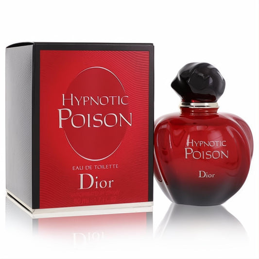 Captivating Dior Hypnotic Poison 1.7 oz EDT, in its signature dark red apple bottle with sleek black cap and matching box.