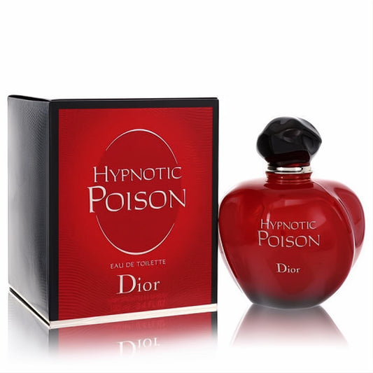 Hypnotic Poison Dior Eau De Toilette: alluring deep red bottle with unique black cap and matching vibrant box.