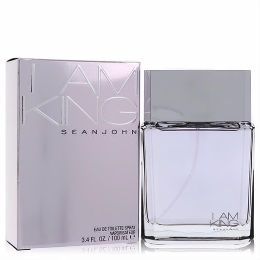 Experience Sean John I Am King 3.4 oz EDT. Clear bottle with subtle lavender liquid, silver cap, and matching metallic box.