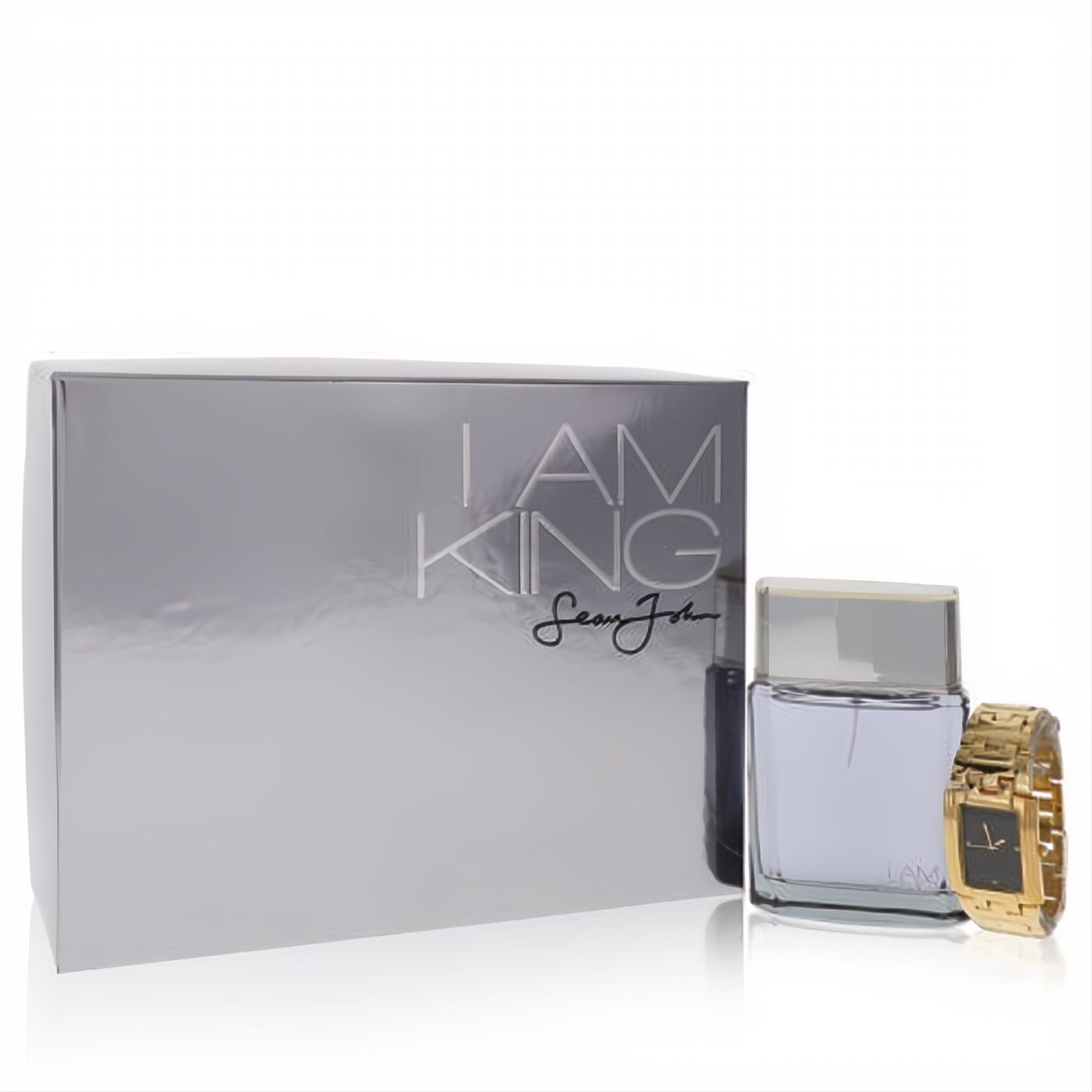Sean John I Am King 3.4 oz EDT gift set: elegant silver box, clear bottle with purple fragrance, and classic gold watch.