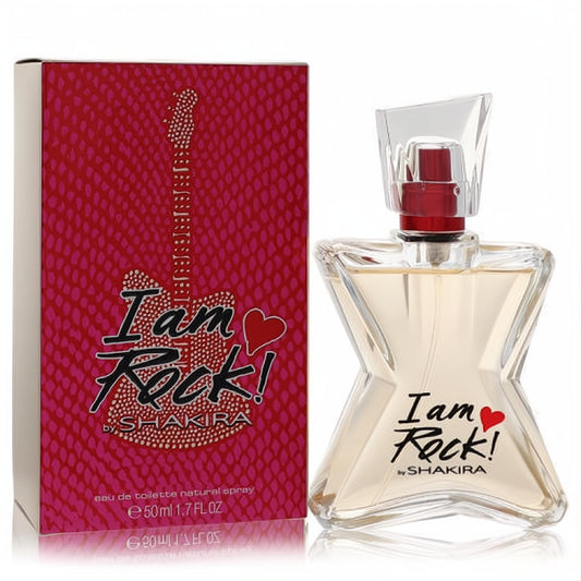 Shakira I Am Rock 1.7 oz EDT spray. Clear hourglass bottle with red detail, vibrant pink box featuring a rhinestone guitar design.