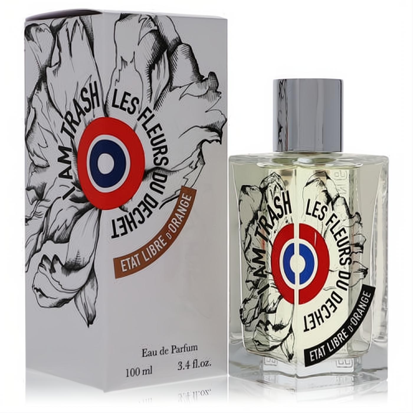 Etat Libre D'orange I Am Trash Les Fleurs Du Dechet 3.4 oz EDP. Clear bottle, silver cap, white box with bold floral art.