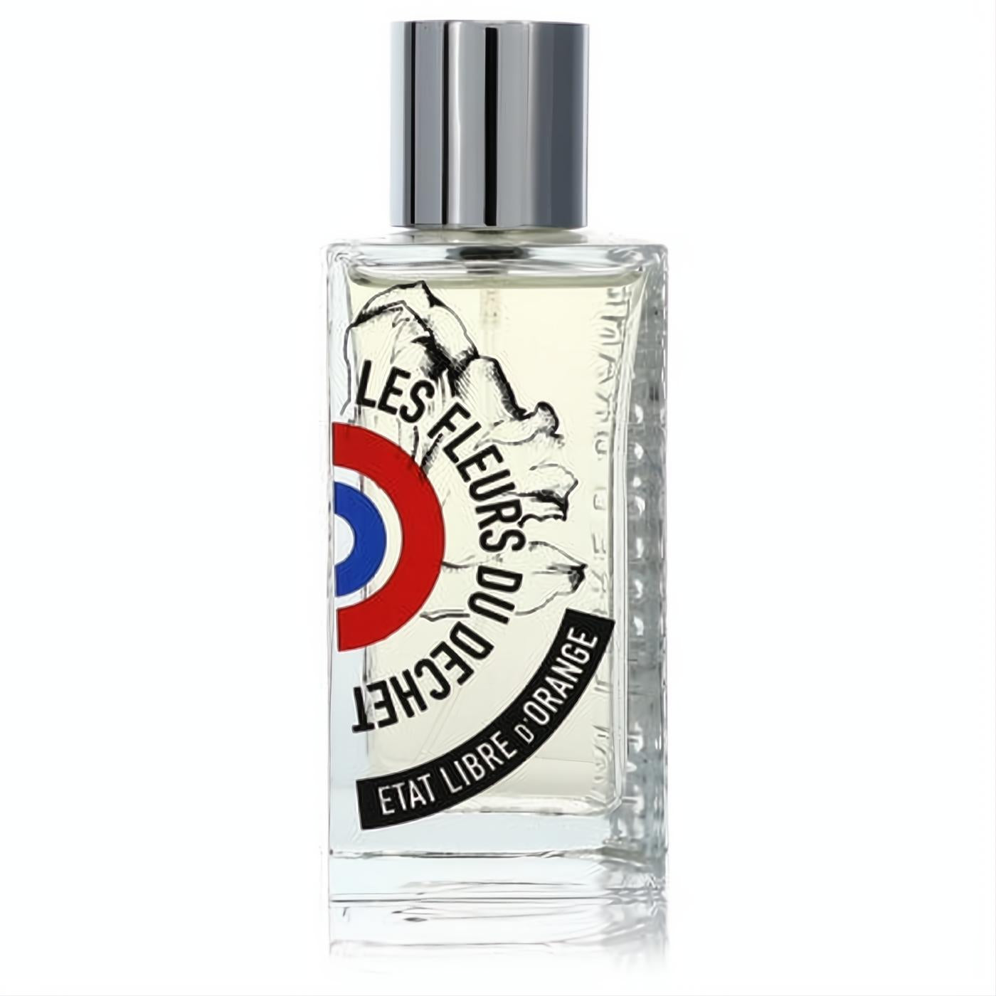 Striking Etat Libre D'orange I Am Trash unisex perfume in a clear glass bottle with a bold red, white, and blue label and sleek silver cap.