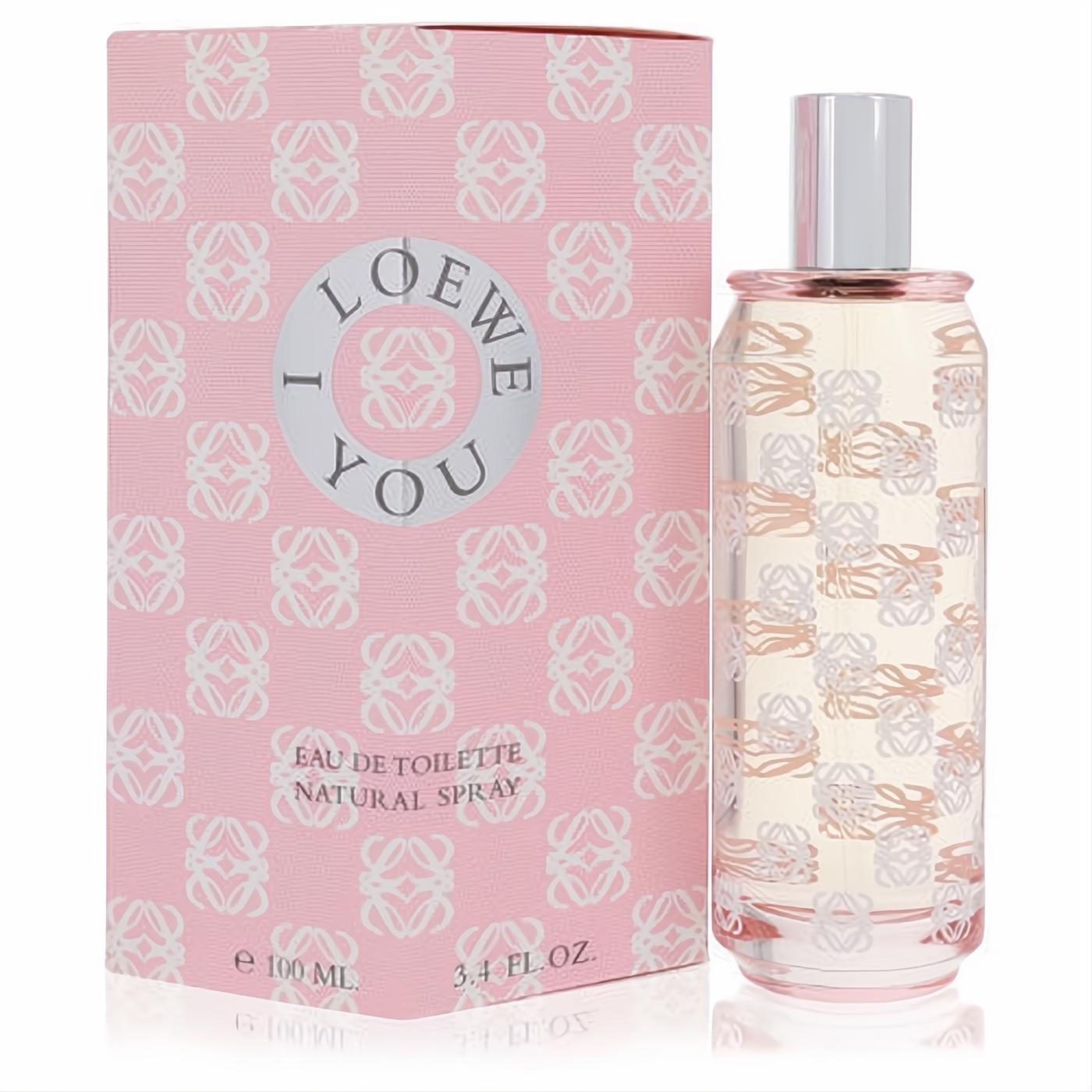 Chic Loewe I Loewe You 3.4 oz EDT spray. Pink box and clear bottle adorned with signature Loewe logo pattern.