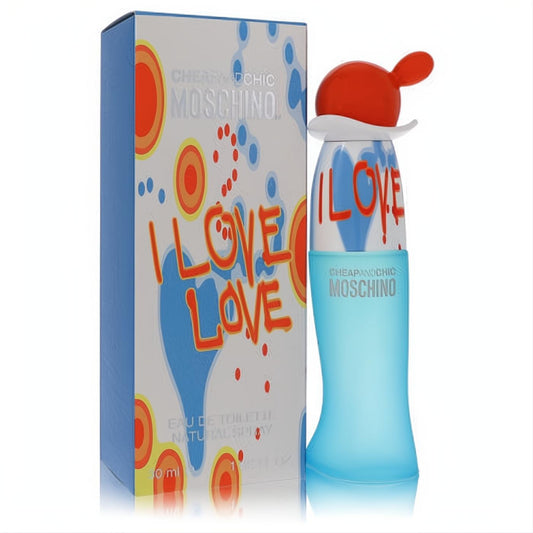 Moschino I Love Love 1 oz EDT for women. Playful frosted blue bottle with a unique red hat cap and vibrant graffiti box.