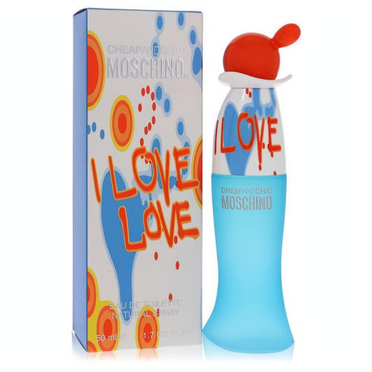 Moschino I Love Love 1.7 oz women's EDT. Playful blue bottle with a vibrant orange cap and bold "I Love Love" design.