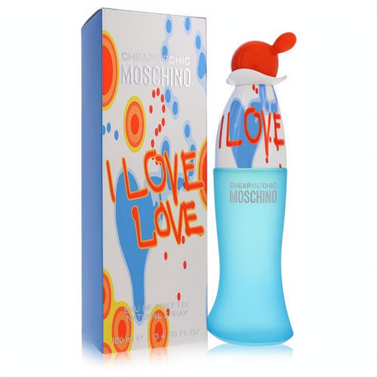 Moschino I Love Love 3.4 oz women's fragrance: playful blue frosted bottle, iconic red cap, and vibrant matching box.