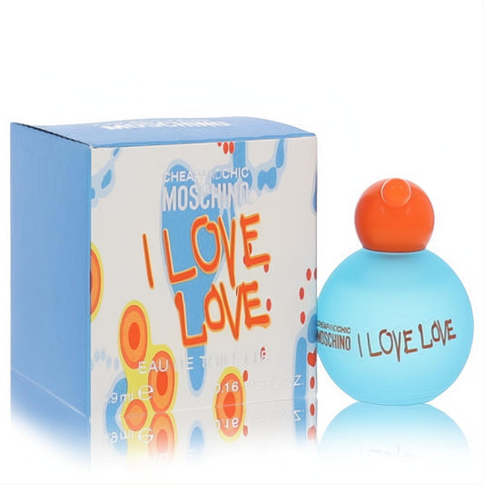 Iconic Moschino I Love Love mini EDT. Vibrant aqua frosted bottle with orange cap and playful, colorful designer box.