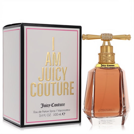 Elegant I Am Juicy Couture women's 3.4 oz EDP. Faceted amber bottle, sparkling gold jeweled cap, and chic white box.