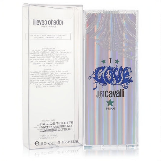 Just Cavalli I Love Him men's 2 oz Eau de Toilette spray in a striking holographic box with bold blue lettering.