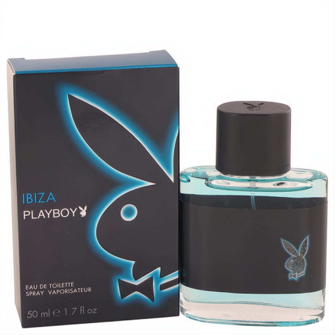 Ibiza Playboy 1.7 oz men's EDT spray features vibrant blue liquid in a sleek bottle with a glowing bunny logo, alongside its stylish box.
