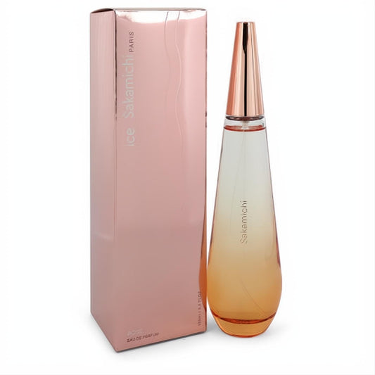 Sakamichi Ice Rose 3.4 oz Eau de Parfum. Elegant amber glass bottle with a rose gold cap and shimmering rose gold box.