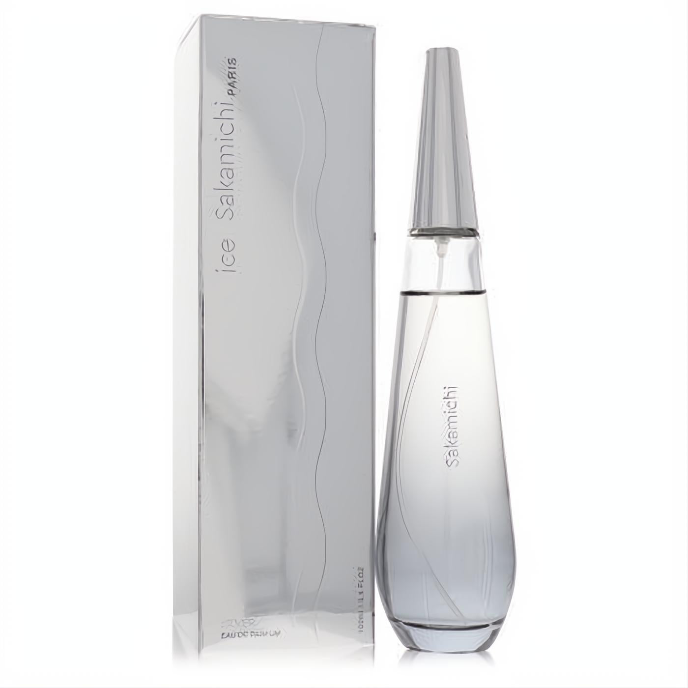Sakamichi Ice Silver 3.4 oz women's EDP. Sleek clear glass bottle with a silver conical cap and elegant silver box.