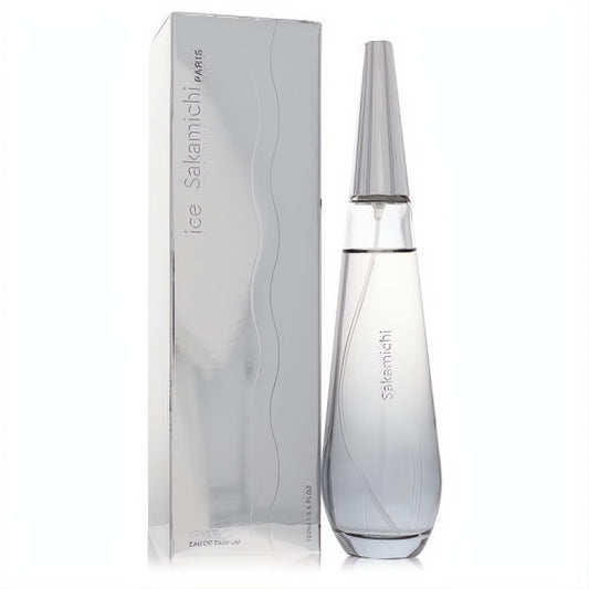 Sakamichi Ice Silver 3.4 oz women's EDP. Sleek clear glass bottle with a silver conical cap and elegant silver box.