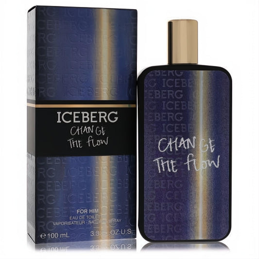 Captivating Iceberg Change the Flow 3.4 oz EDT for men. Dark blue rectangular bottle, gold cap, dynamic design.