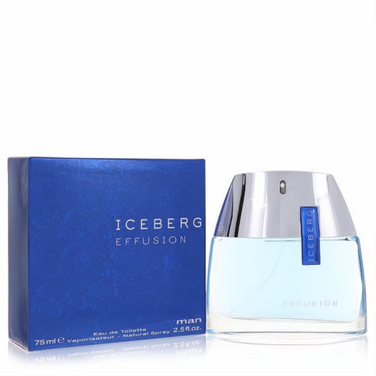 Experience Iceberg Effusion men's cologne. Sleek 2.5 oz bottle with light blue fragrance, metallic cap, beside its bold blue box.