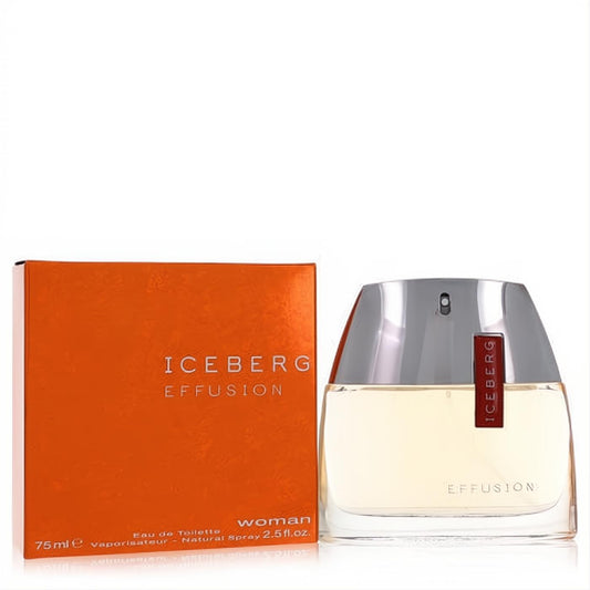 Iceberg Effusion 2.5 oz women's EDT. Modern clear bottle with amber liquid, silver cap, red accent, and bold orange box.