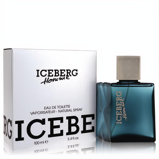 Elevate your style with Iceberg Homme 3.4 oz EDT for men. Sleek blue glass bottle, gold cap, and elegant white packaging.