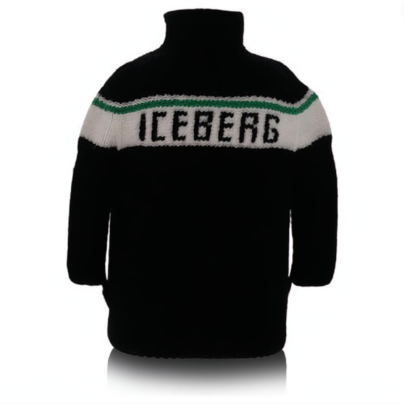 Chic black knit turtleneck sweater with a striking white stripe, green trim, and bold ICEBERG branding.
