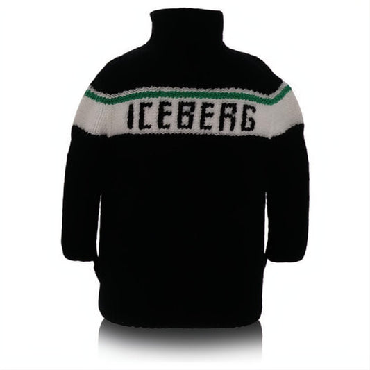Chic black knit turtleneck sweater with a striking white stripe, green trim, and bold ICEBERG branding.