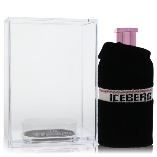Stylish Iceberg Since 1974 women's 100ml EDP, black knitted bottle with white/pink 'ICEBERG' logo and pink cap.