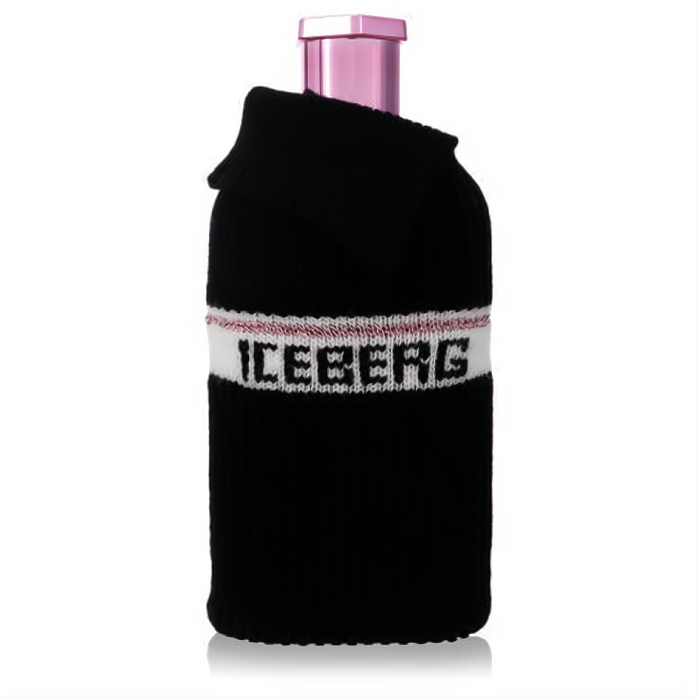 Chic Iceberg Since 1974 women's Eau De Parfum, 3.3 oz, in a black knit sleeve with 'ICEBERG' logo and a glossy pink cap.
