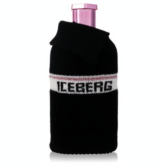 Chic Iceberg Since 1974 women's Eau De Parfum, 3.3 oz, in a black knit sleeve with 'ICEBERG' logo and a glossy pink cap.
