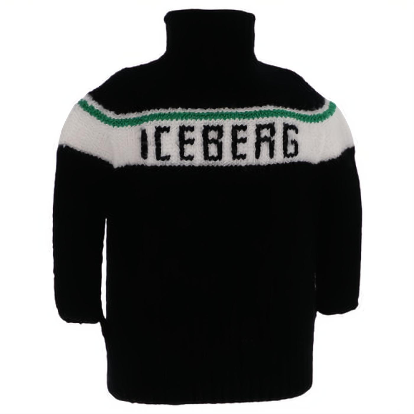 Stylish black knit turtleneck sweater featuring a bold white "ICEBERG" logo and a vibrant green stripe. Perfect for cool weather.